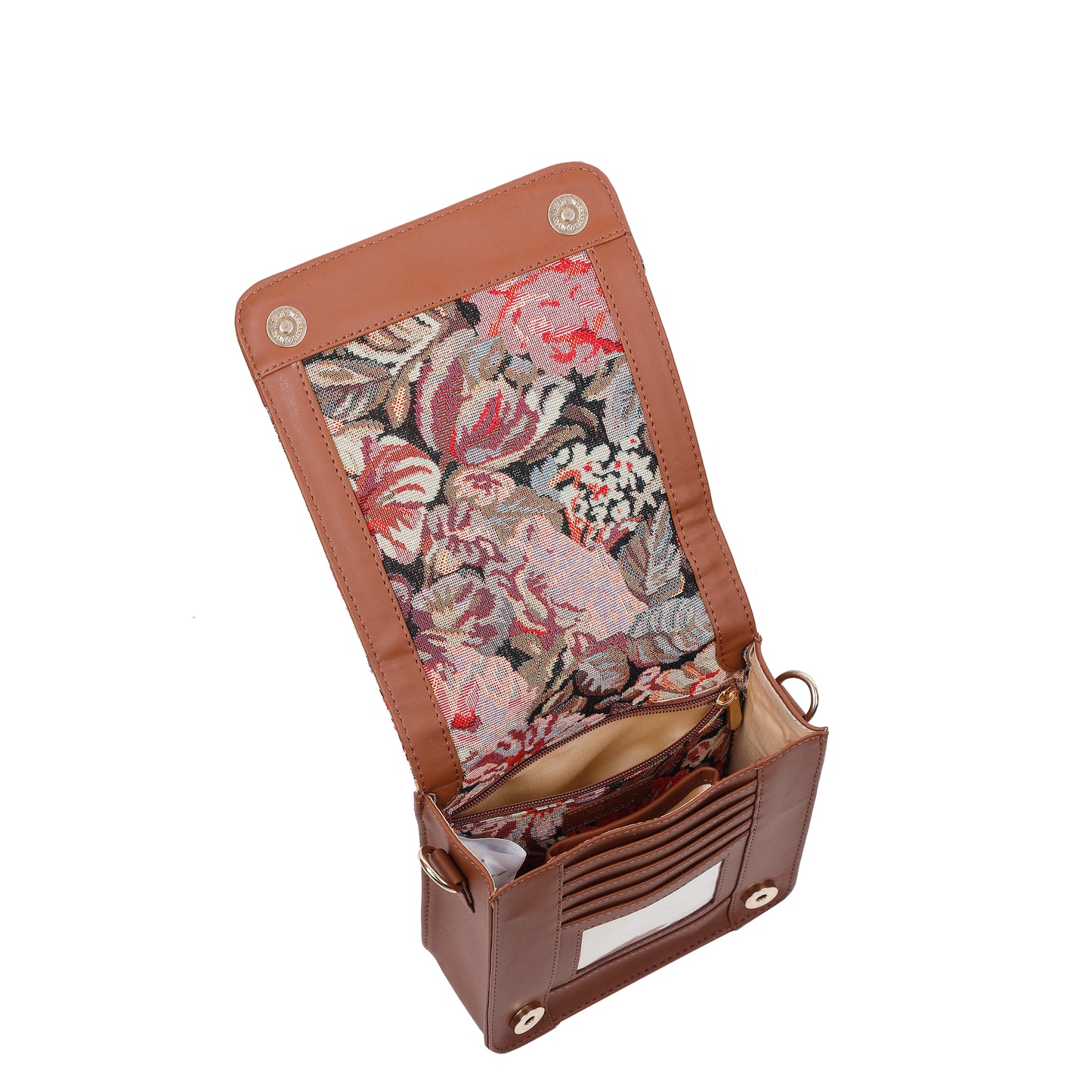 Floral Tapestry Crossbody Bag – Women Sling Shoulder Purse with Vegan Leather Trim