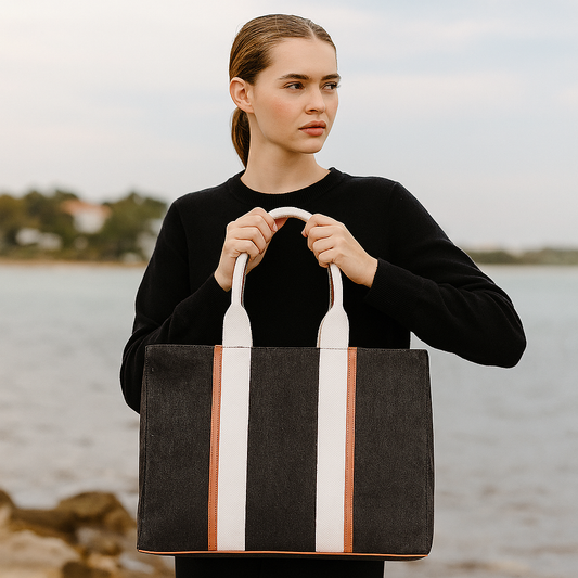 Wholesale Black Canvas Tote Handbag with Zipper Strap