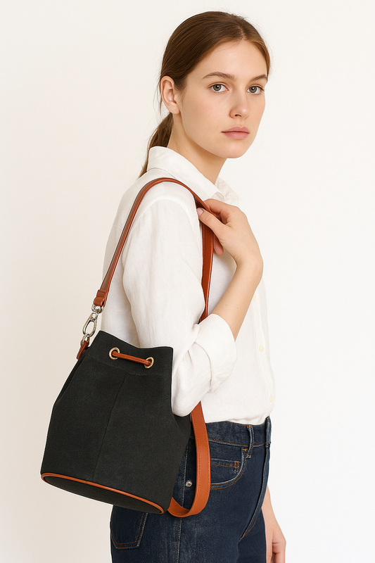 Wholesale Black Canvas Bucket Crossbody Sling with Vegan Leather