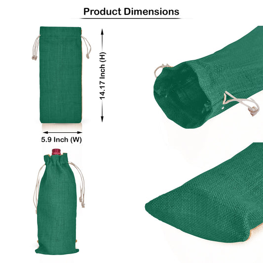 Green color jute burlap wine bottle gift bags with sturdy handles, reusable wholesale pouches for gifting and wine shops-infographic image