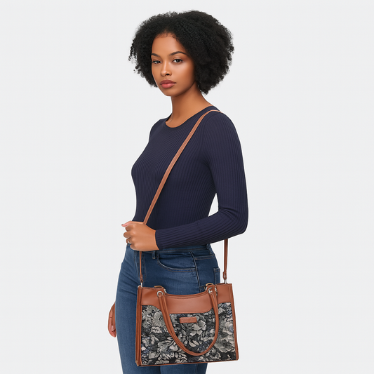 Women Vintage Tapestry Satchel Bag – Wholesale Vegan Leather Trimmed Crossbody, Shoulder & Hand Purse