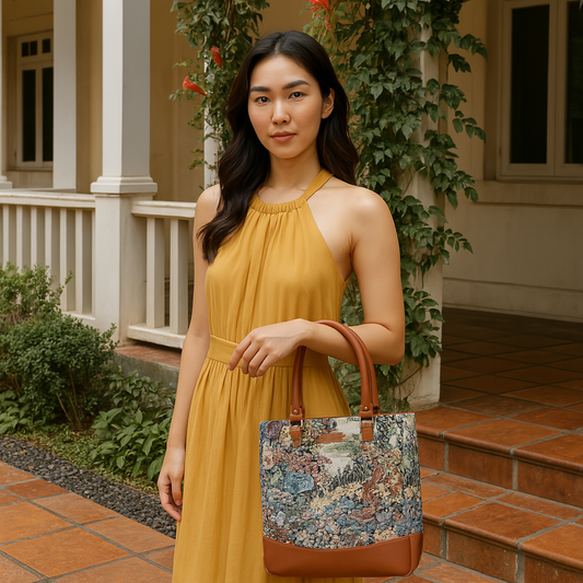 Women’s Botanical Pattern Tapestry Shoulder Tote Bag – Top Handle Handbag with Vegan Leather Trim for Office & Travel