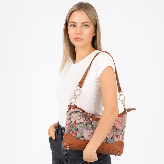 Floral Pattern Tapestry Shoulder Bag for Women – Stylish Tote Sling Satchel Purse with Vegan leather Trim