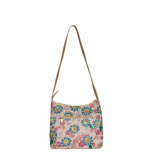 Elegant Leather Hobo Bag with Hand-Painted Floral Design