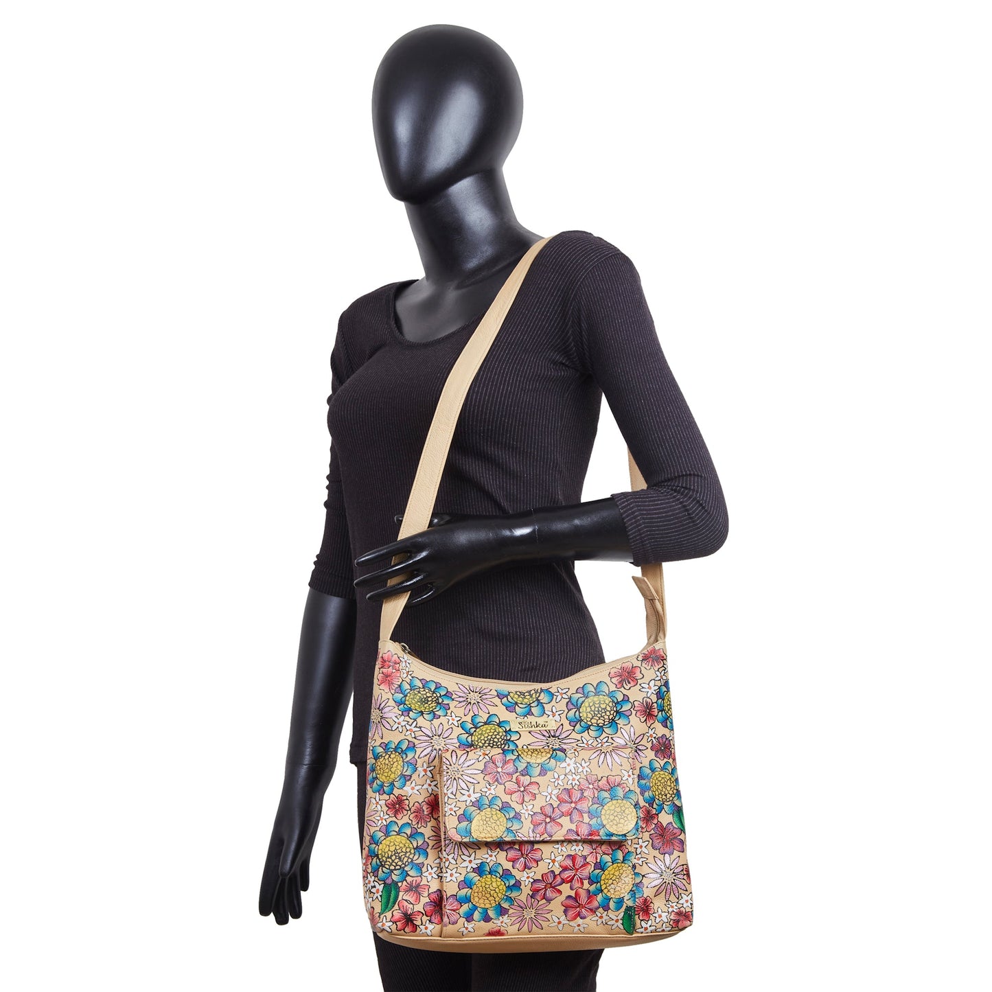 Elegant Leather Hobo Bag with Hand-Painted Floral Design