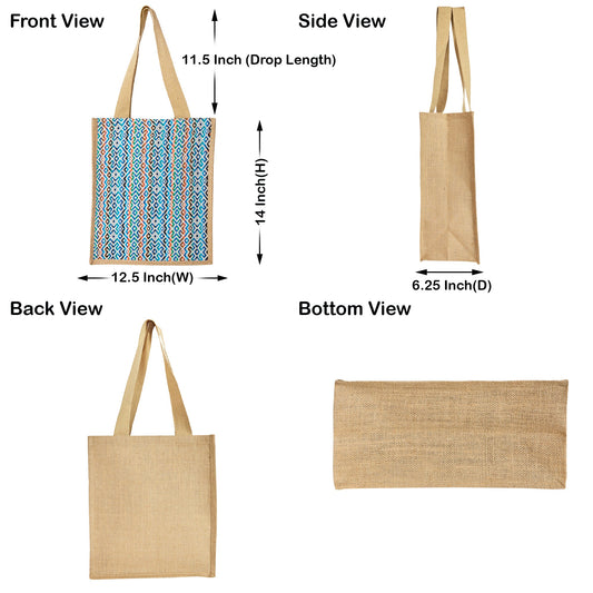 Premium Natural Reusable Jute Shopping Tote Bag with Stylish Jacquard Fabric. Groceries, Vegetables, Kitchen Essentials & Beach Trips -Pack of 5
