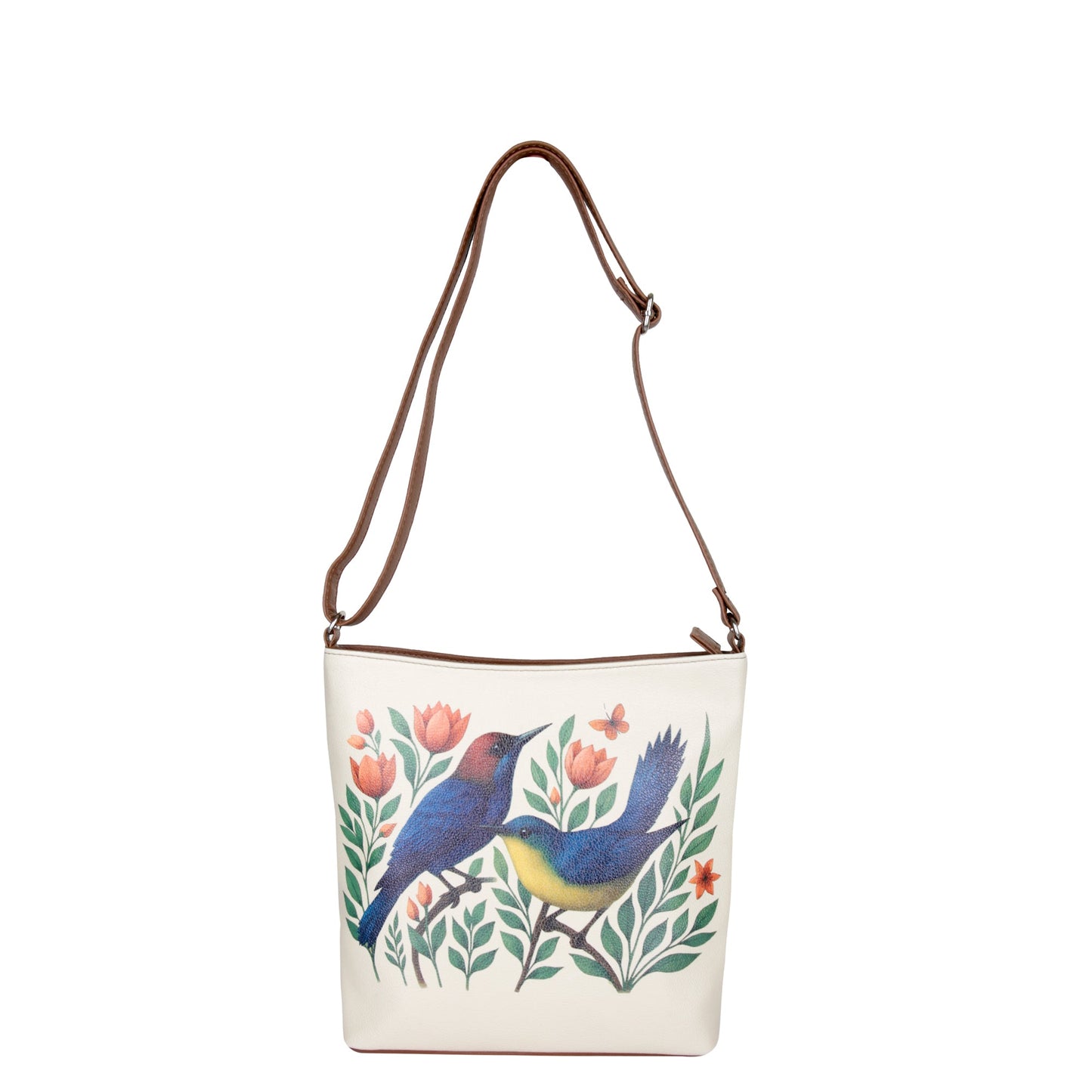 Hand Printed Birds Vegan Leather Crossbody Bag – Adjustable Sling & Over the Shoulder Wholesale Bag for Women – Stylish Handbag & Travel Purse