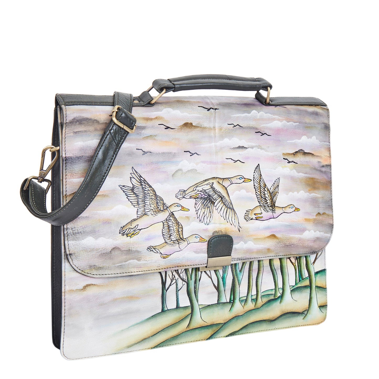 Hand-Painted Leather Briefcase Bag - Birds Design