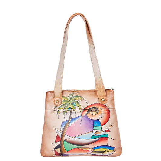 Stylish Hand-Painted Brown Leather Tote Bag