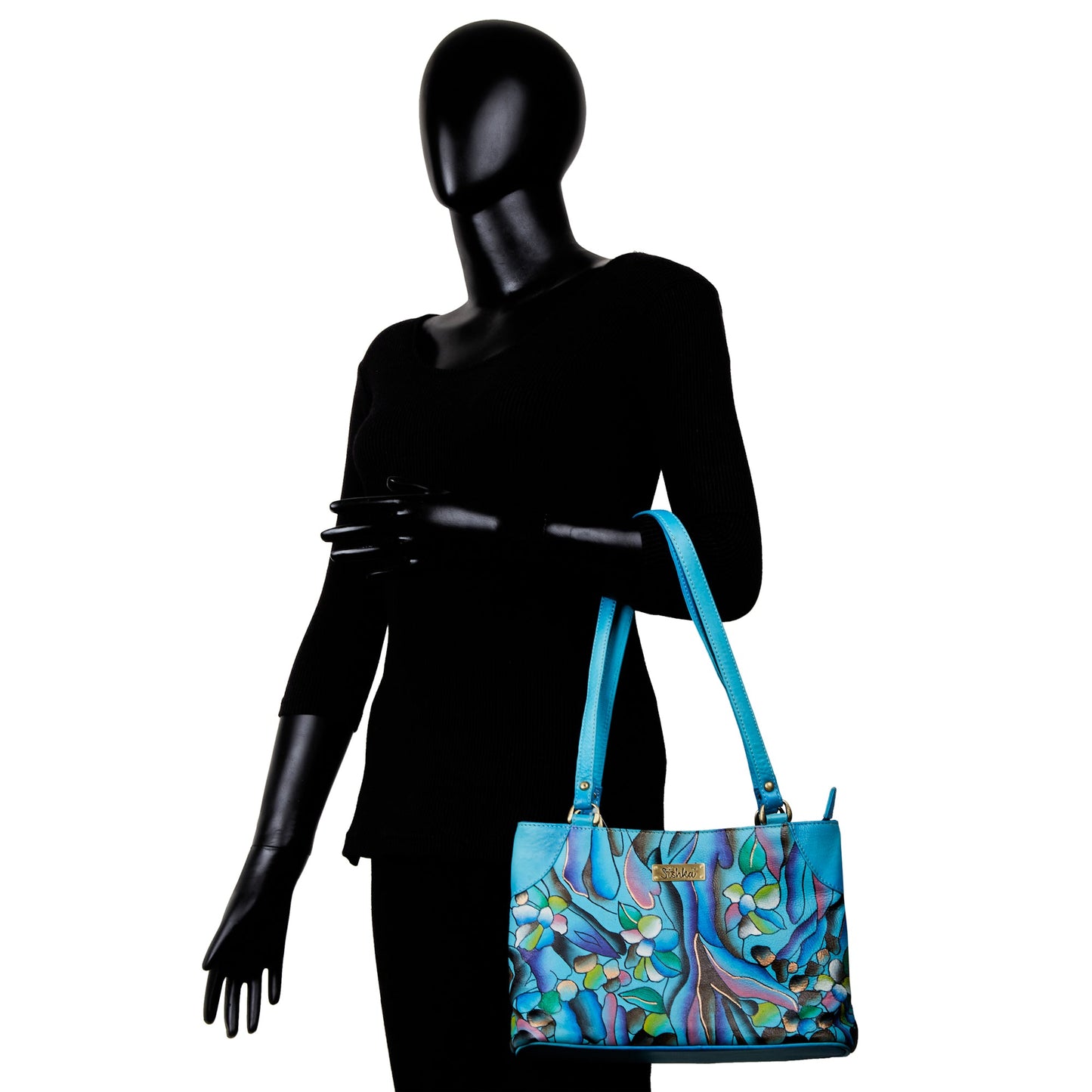 Original Handpainted Abstract Art Aqua Blue Leather Shoulder Bag