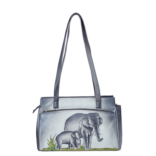 Women's Classic Black Leather Shoulder Bag with Hand-Painted Elephant