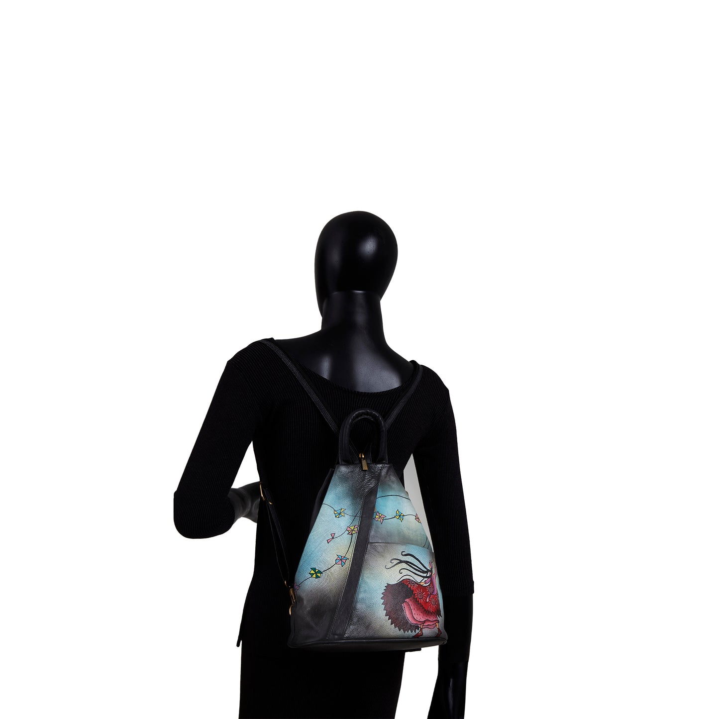 Hand-Painted Black Triangle Backpack with Convertible Straps