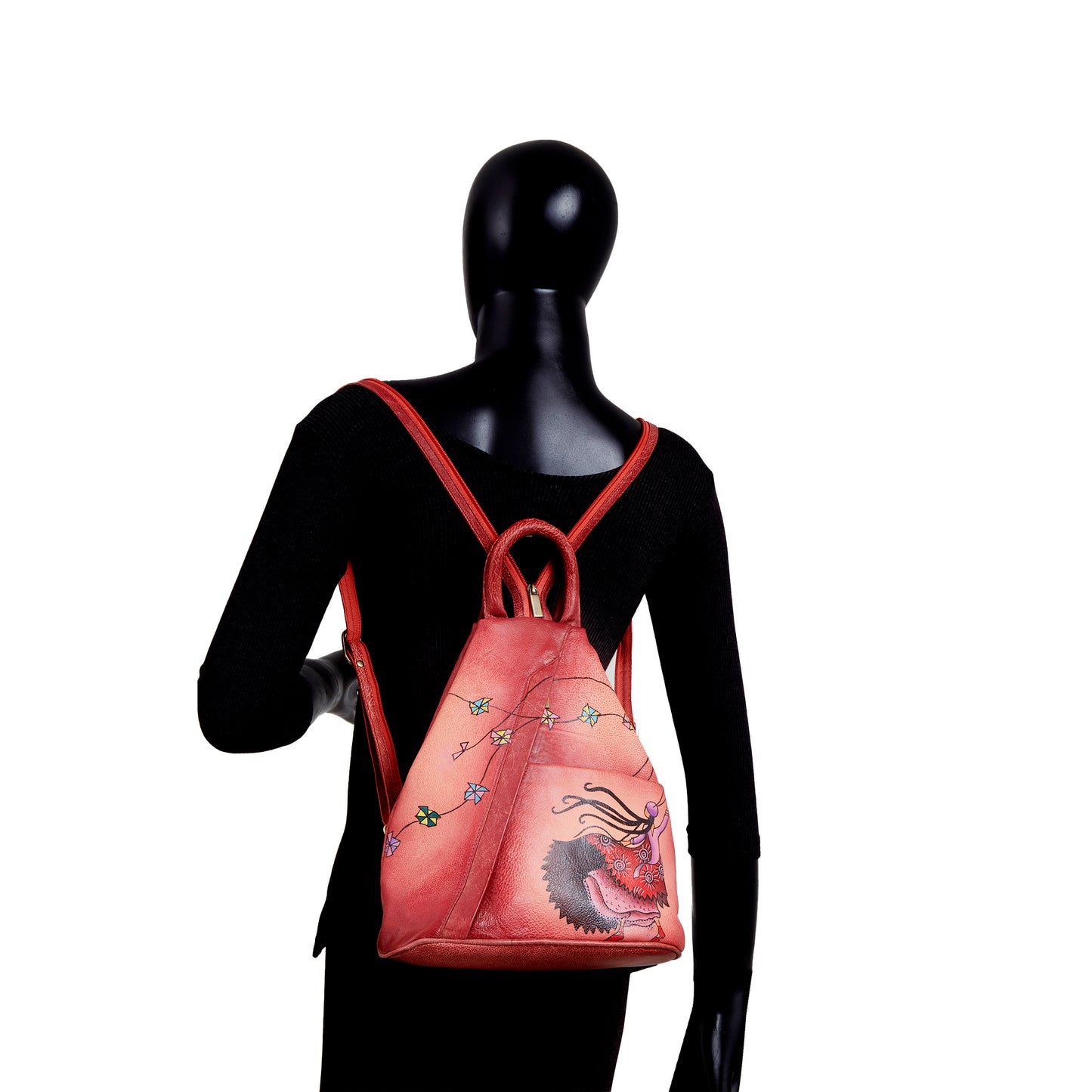 Convertible Red Triangle Backpack with Hand-Painted Design