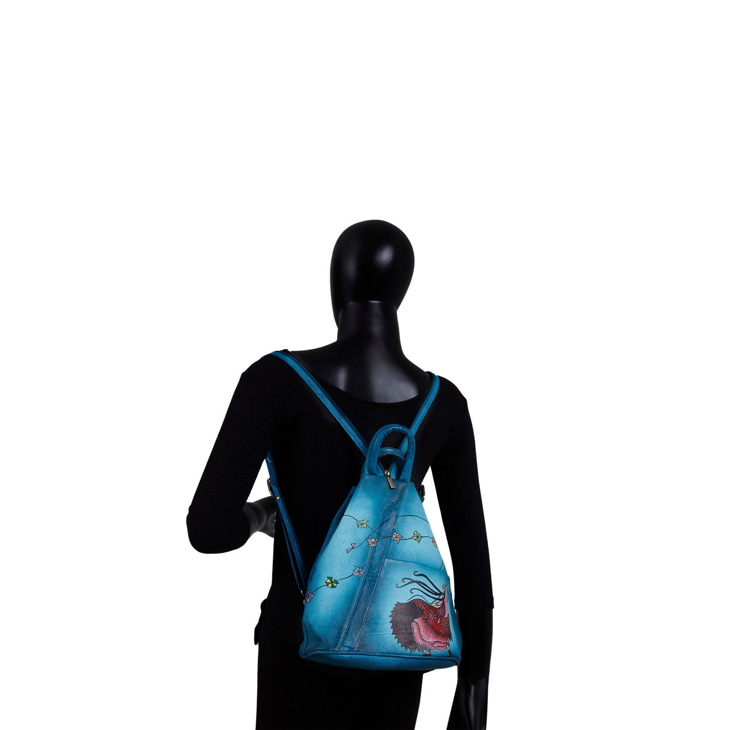 Hand-Painted Turquoise Triangle Backpack with Adjustable Straps