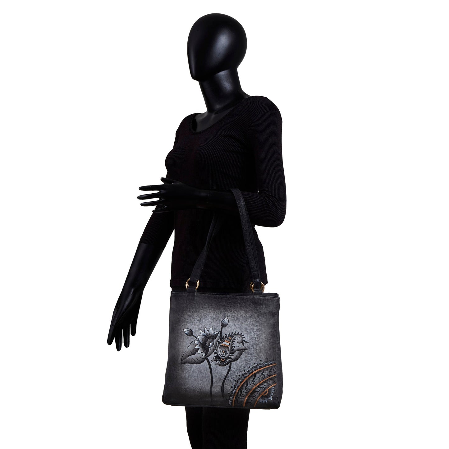 Women's Hand-Painted Leather Shoulder Bag - Paisley Artwork