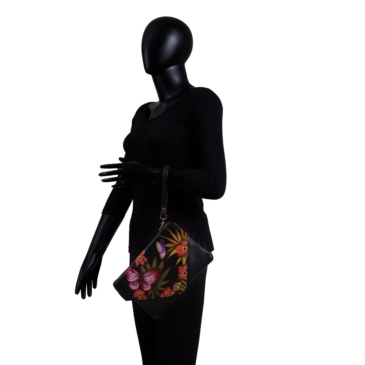 Hand-Painted Black Leather Envelope Clutch Bag for Women - Spring Collection