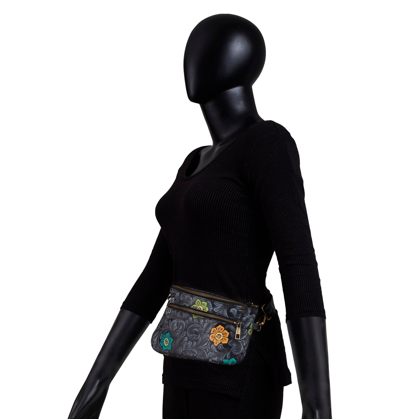 Floral Hand-Painted Embossed Fanny Pack in Black
