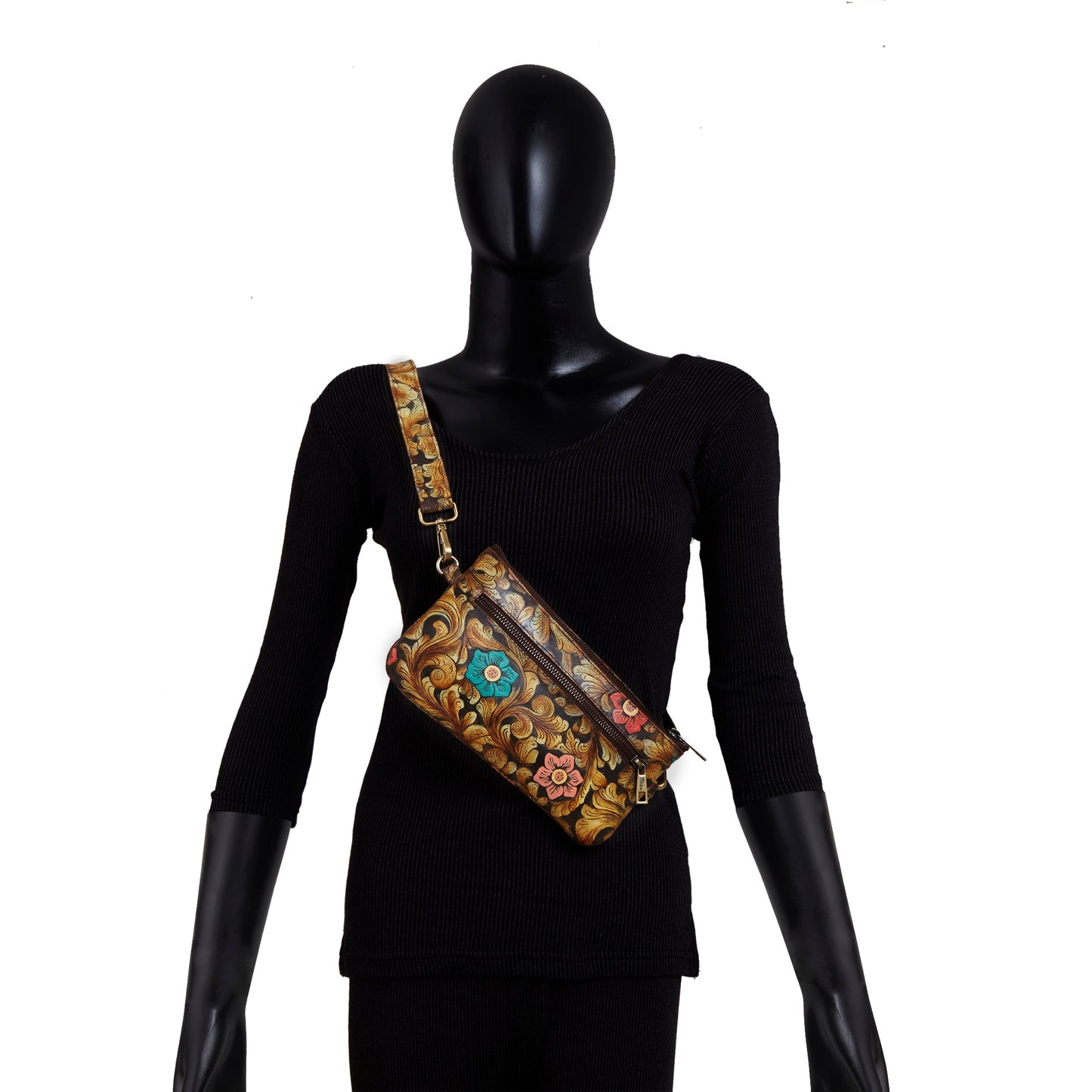Brown Embossed Handpainted Floral Fanny Pack