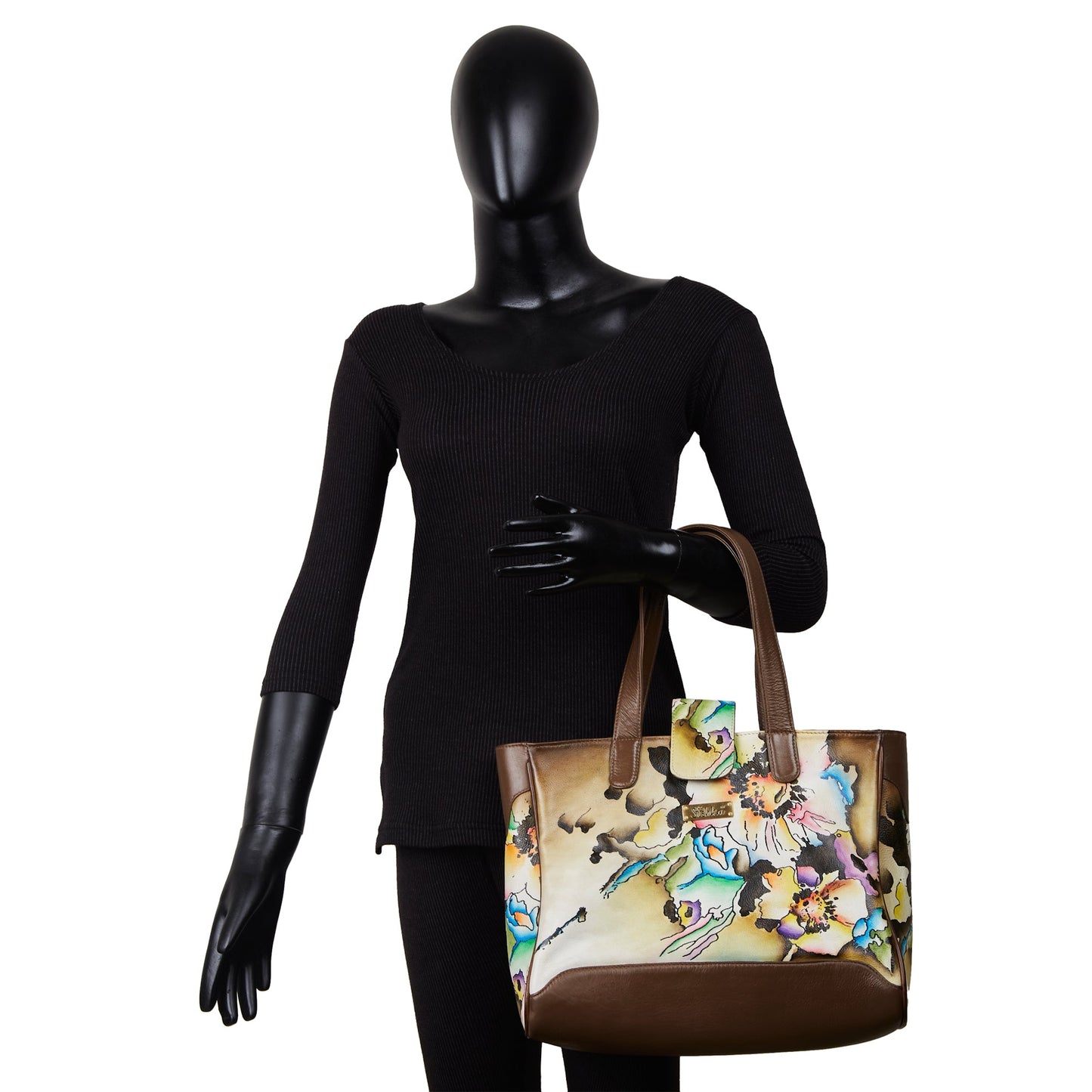 Brown and yellow leather tote bag, hand painted abstract design