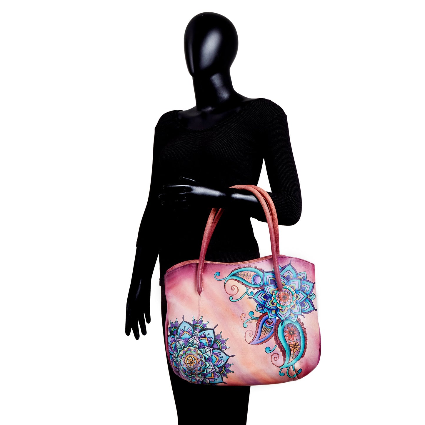 Hand-Painted Mandala Leather Tote Bag for Women - Perfect for Traveler