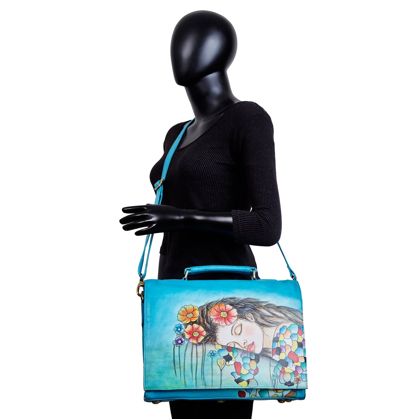 Blue "Beautiful Dream" Hand-Painted Leather Business Satchel Bag