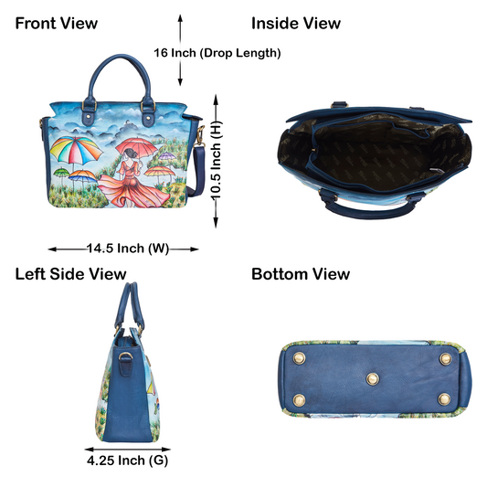 Elegant Lady & Umbrella Hand-Painted Leather Satchel & Shoulder Purse