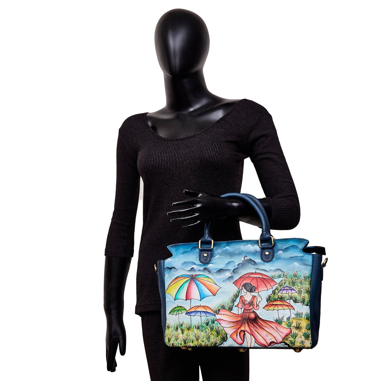 Elegant Lady & Umbrella Hand-Painted Leather Satchel & Shoulder Purse