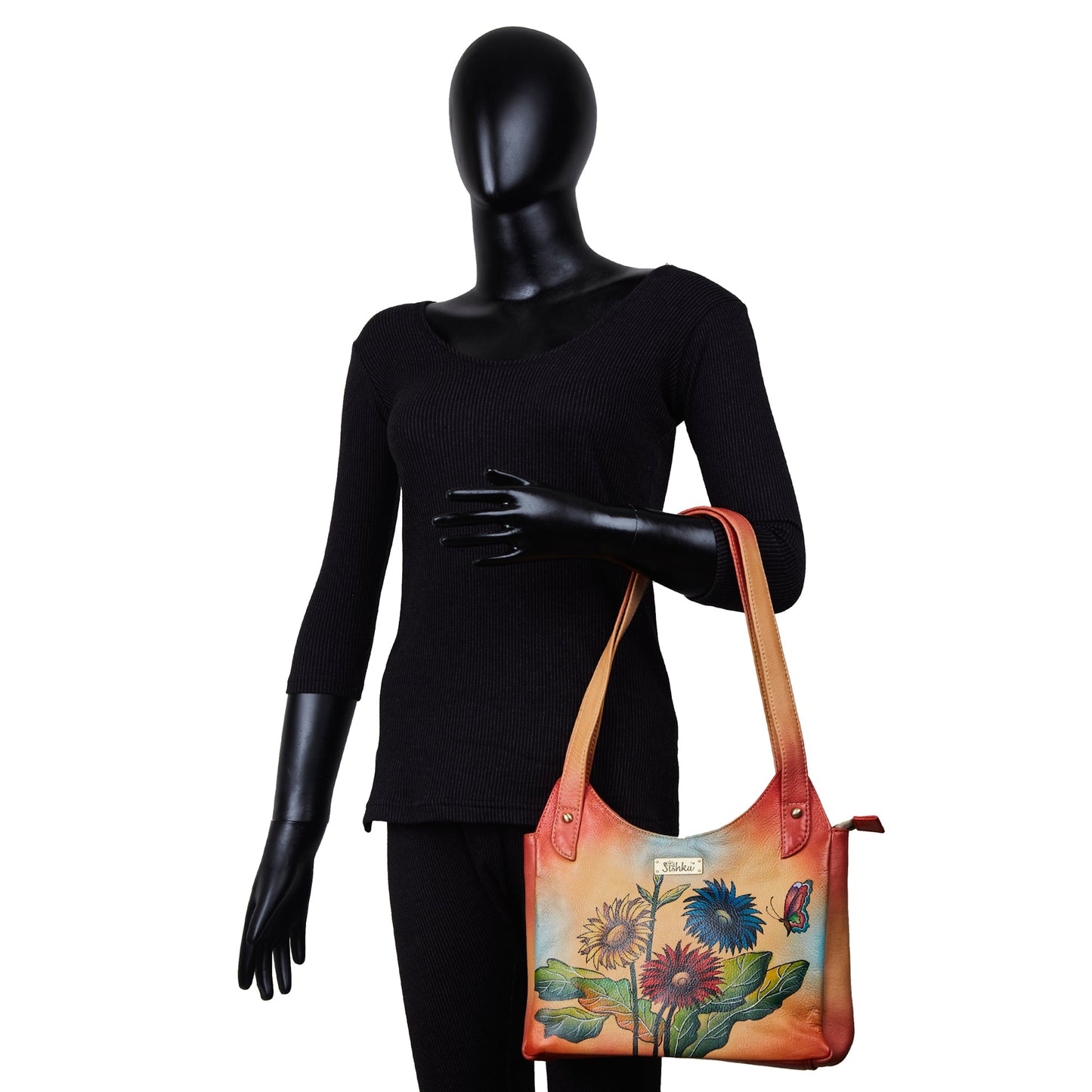 Orange Hand-Painted Leather Hobo Bag with Sunflower and Butterfly