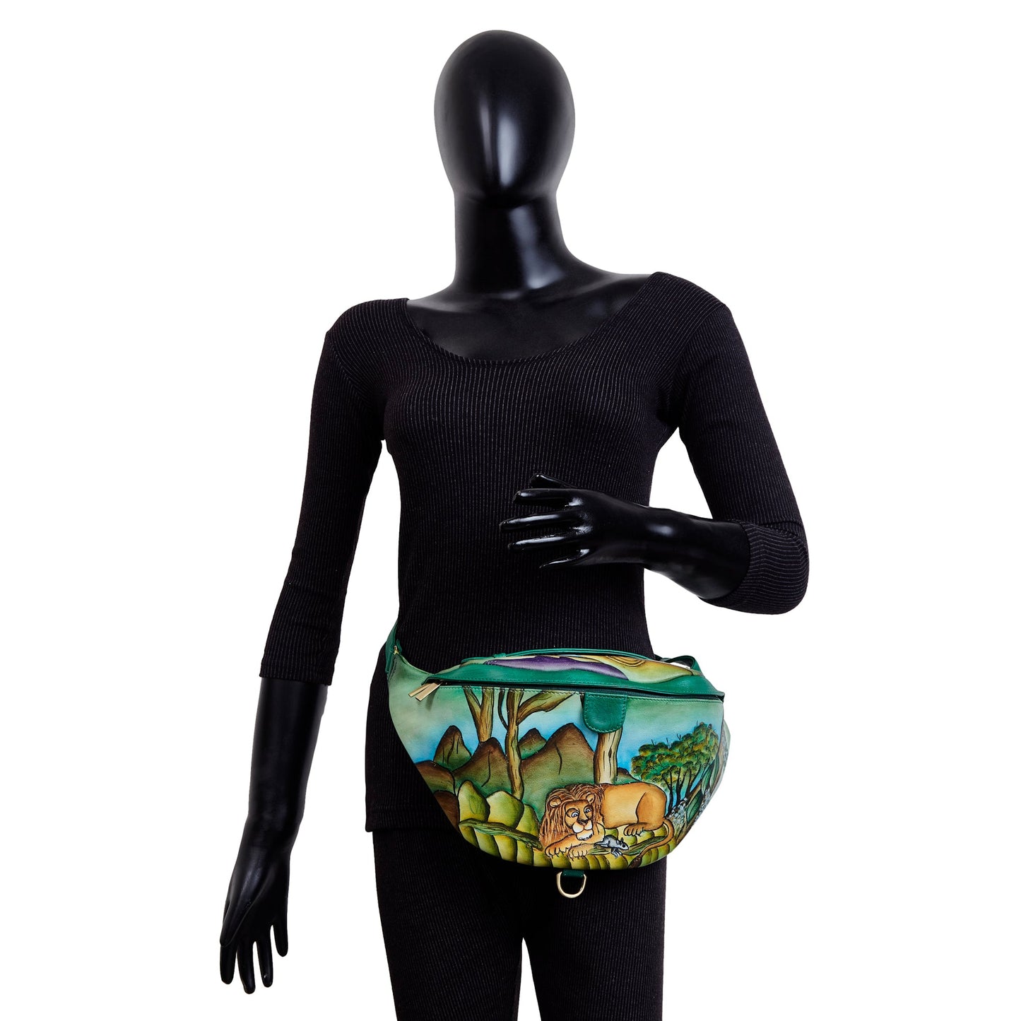 Hand-Painted Lion Leather Fanny Pack – Adjustable Crossbody Waist Bag