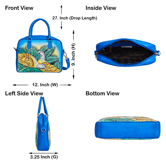 Blue Hand-Painted Women Leather Handbag – Elegant Bird & Leaf Design