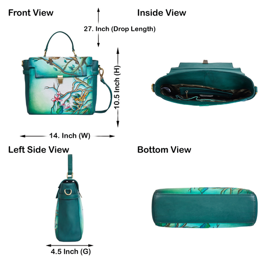 Bird & Floral Hand-Painted Green Leather Satchel Bag