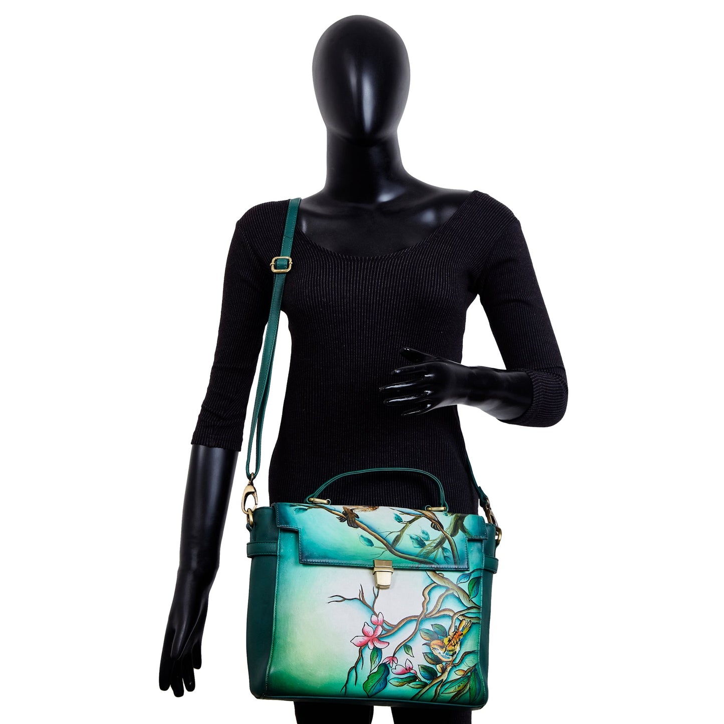 Bird & Floral Hand-Painted Green Leather Satchel Bag