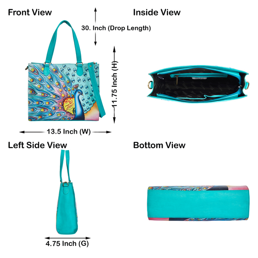 Sishka Leather Hand-Painted Handbag – Elegant Peacock Art, Spacious Satchel & Shoulder Purse with Detachable Strap.
