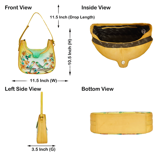Hand-Painted Women's Leather Hobo Bag – Bird Art, Stylish Shoulder Purse & Satchel with Versatile Carry Straps.
