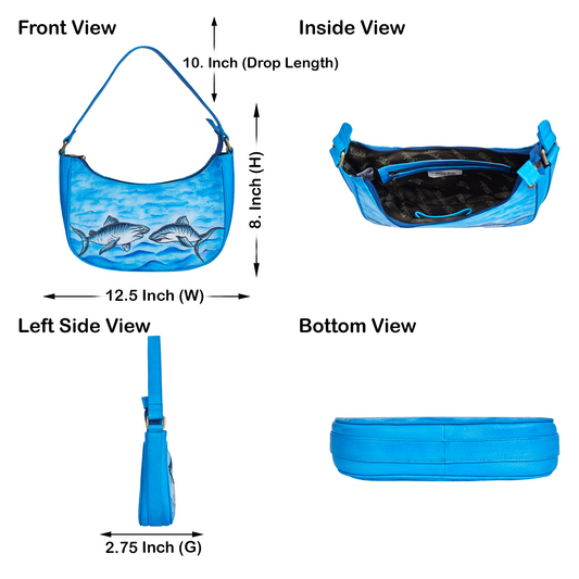 Shark-Themed Hand-Painted Ocean Blue Leather Hobo Bag