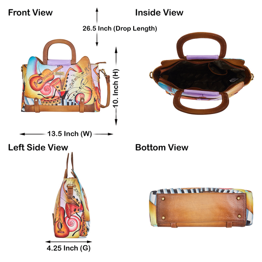 Hand-Painted Women's Leather Satchel – Brown Shoulder Purse with Music Art