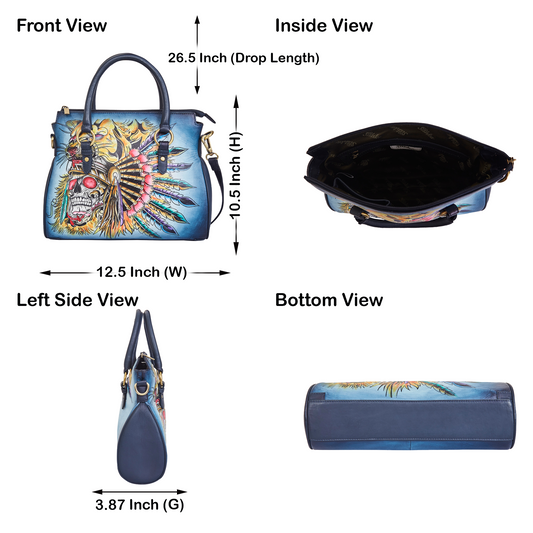 Hand Painted Tribal Skull & Tiger Leather Tote Bag