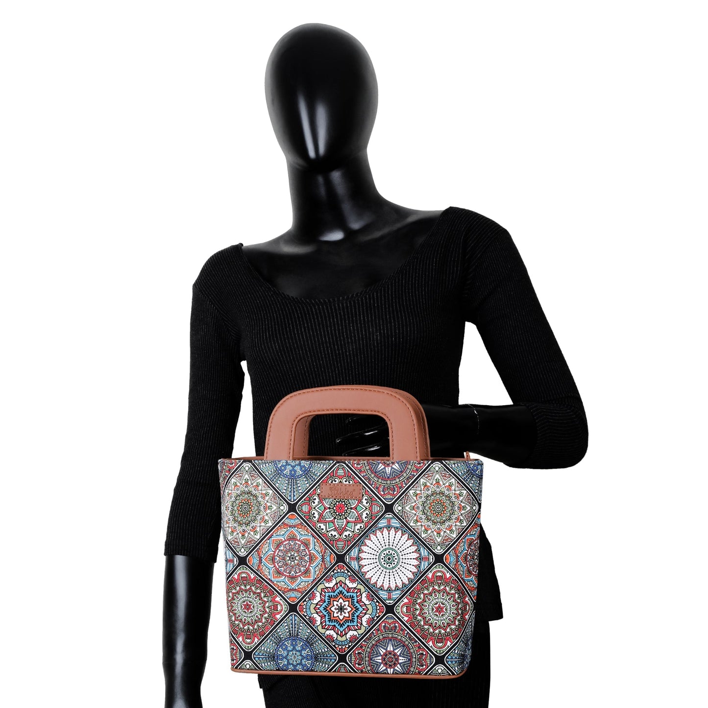 Multicolor Handcrafted Printed Handbag – Women’s Top Handle Tote Purse with Leather Trim