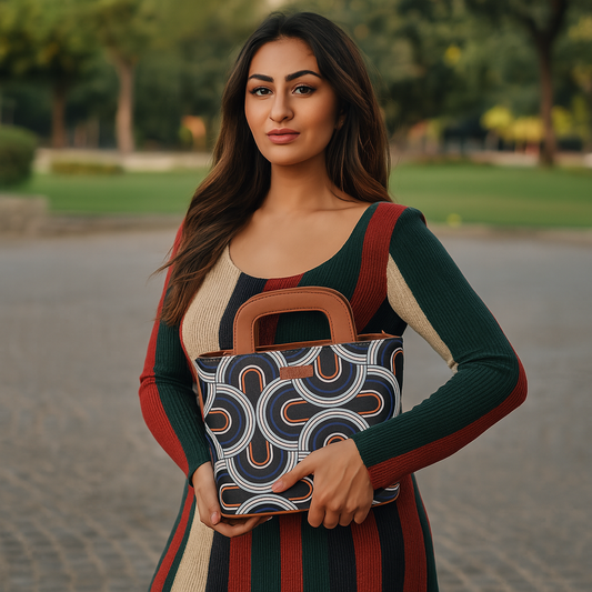 Abstract Printed Handbag – Handcrafted Women’s Top Handle Tote with Leather Trim