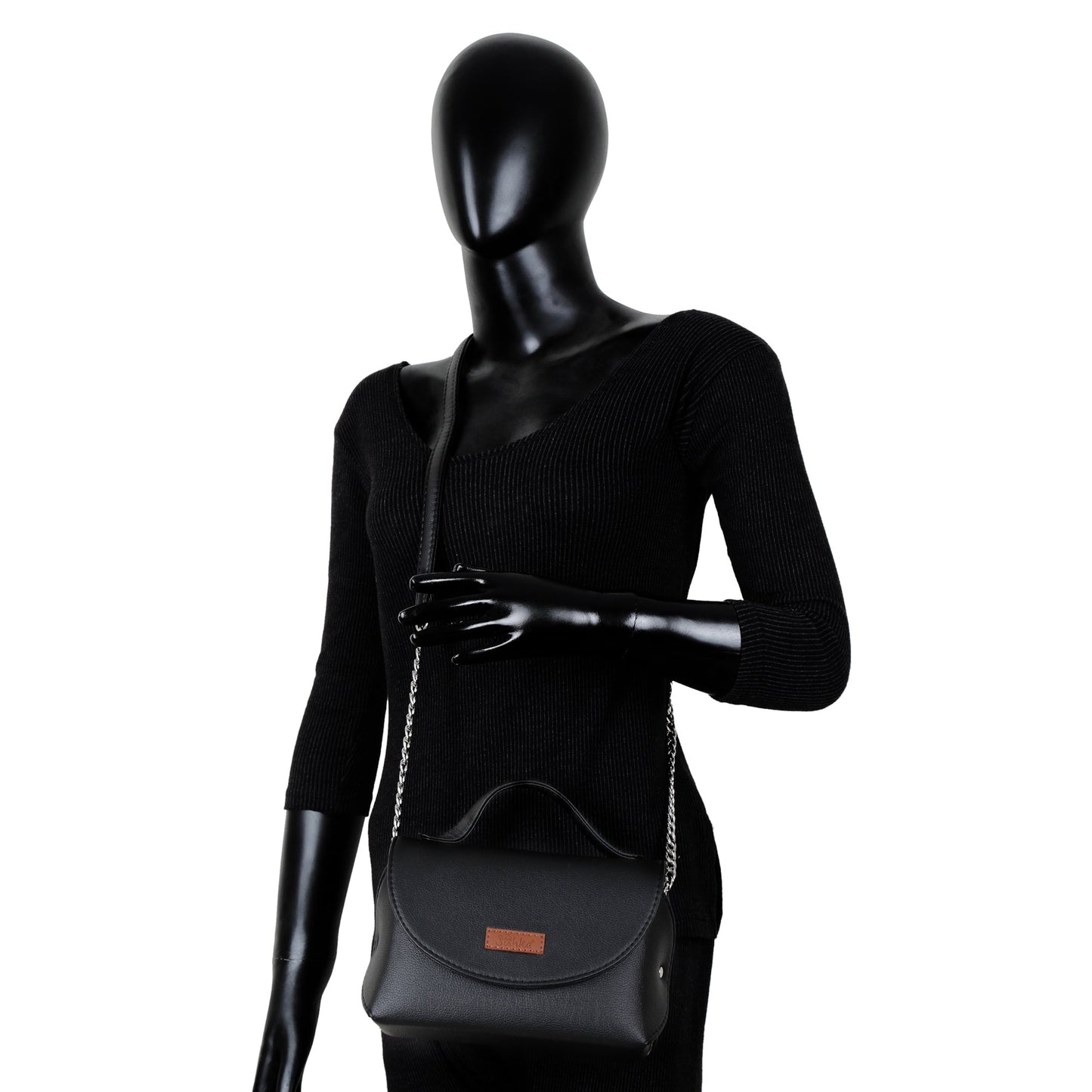 Black Vegan Leather Crossbody Sling Bag – Women’s Chain Strap Shoulder Handbag