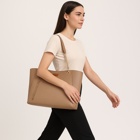 Taupe Vegan Leather Satchel Bag – Women’s Tote Handbag with Chain Handles