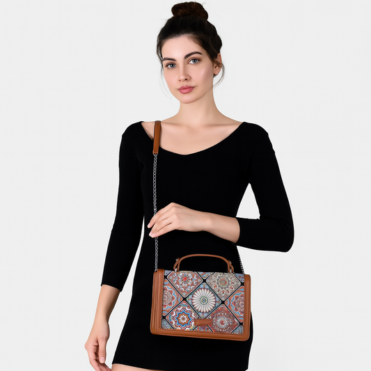 Handcrafted Mandala Print Crossbody Sling Bag – Women’s Fabric Purse with Chain Strap