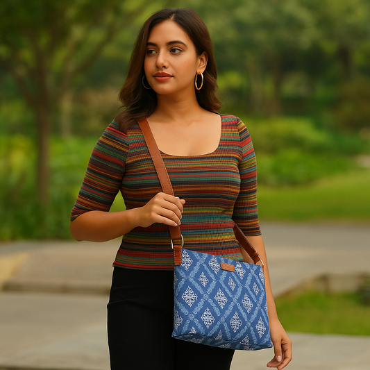 Blue Pattern Fabric Shoulder & Crossbody Bag – Women’s Sling Purse