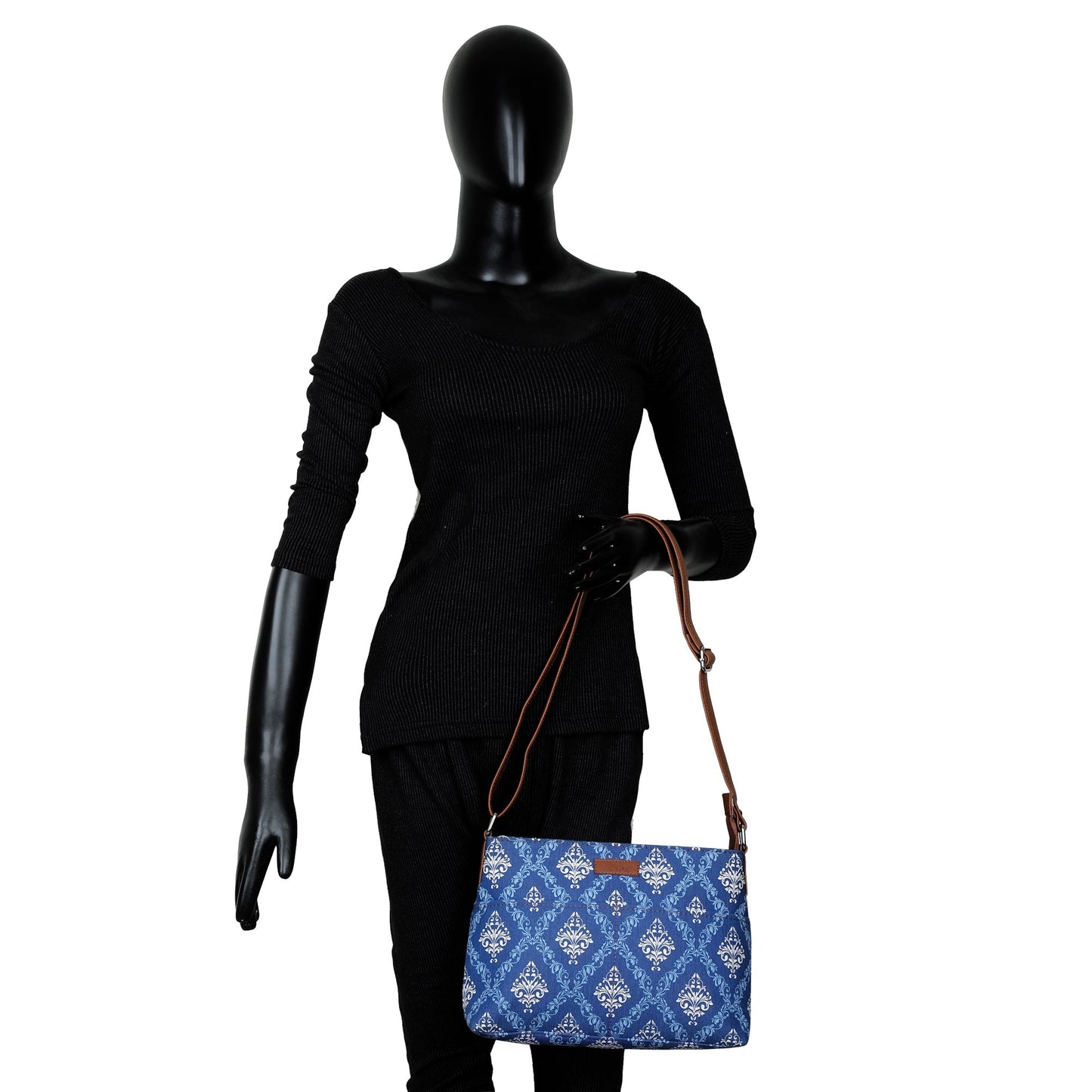 Women’s Blue Pattern Crossbody Bags with Vegan Leather Trim – Wholesale
