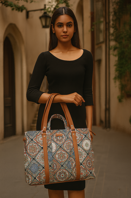 Multicolor Handcrafted Printed Tote Bag – Women’s Shoulder Purse with Vegan Handles