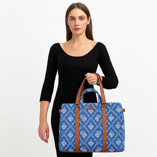 Blue Handcrafted Printed Tote Bag – Women’s Satchel Purse with Vegan Leather Handles