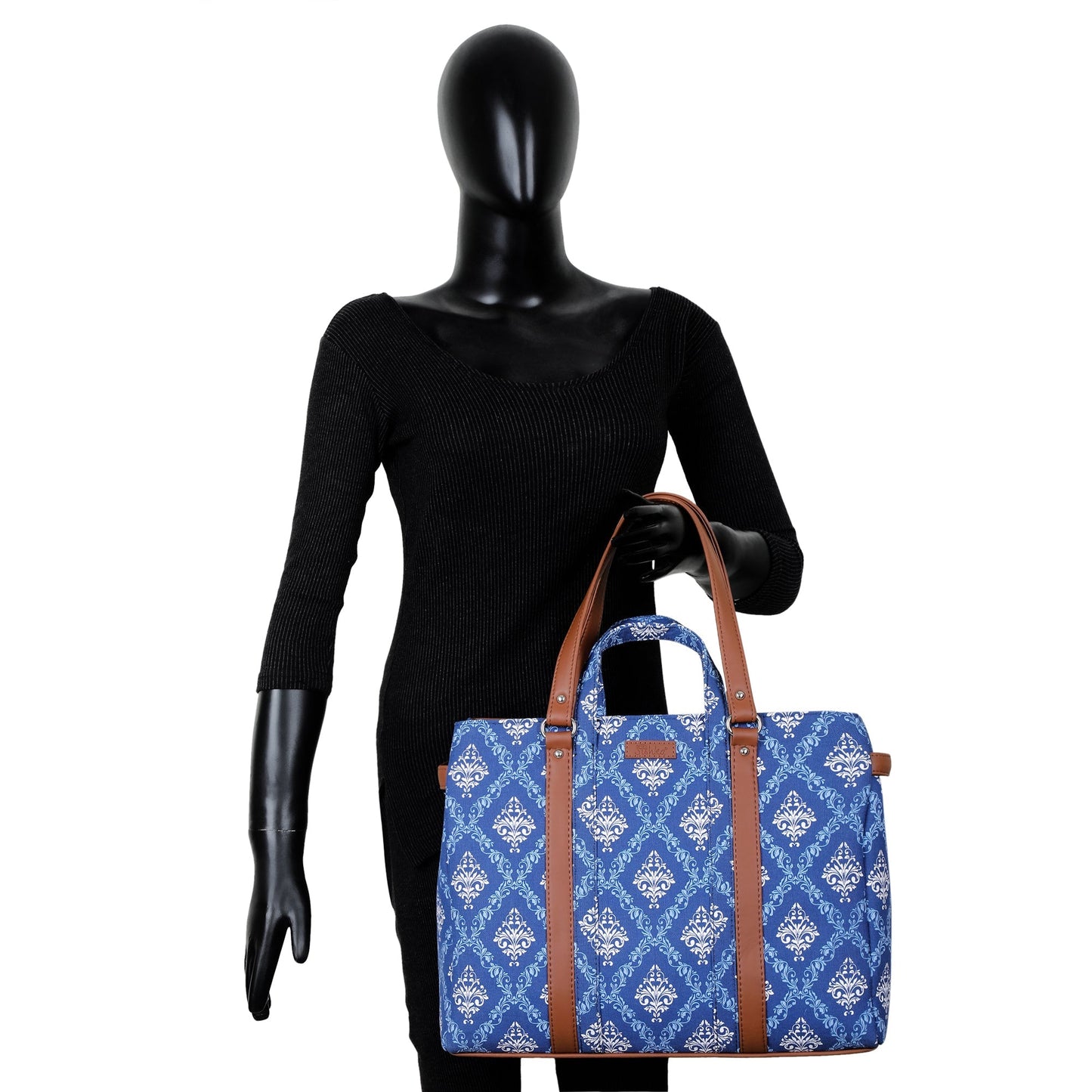 Blue Handcrafted Printed Tote Bag – Women’s Satchel Purse with Vegan Leather Handles