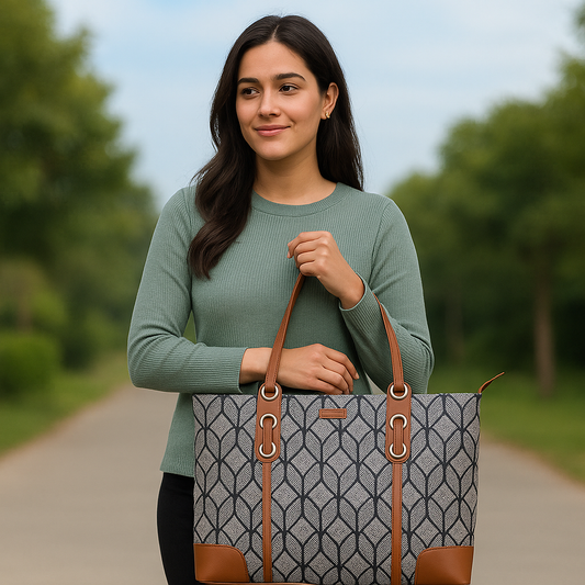 Monochrome Handcrafted Printed Tote Bag – Vegan-Trim Satchel for Women’s Work & Travel