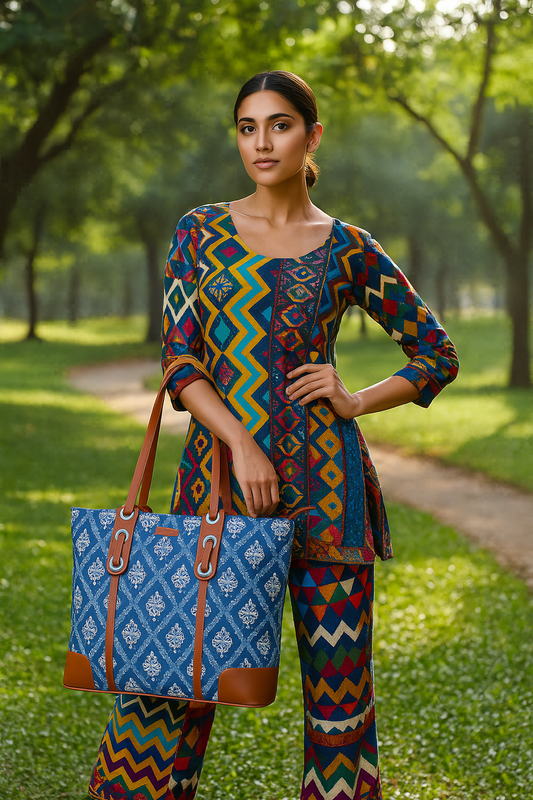 Blue Handcrafted Printed Tote Bag – Elegant Women’s Shoulder Purse with Vegan Trim