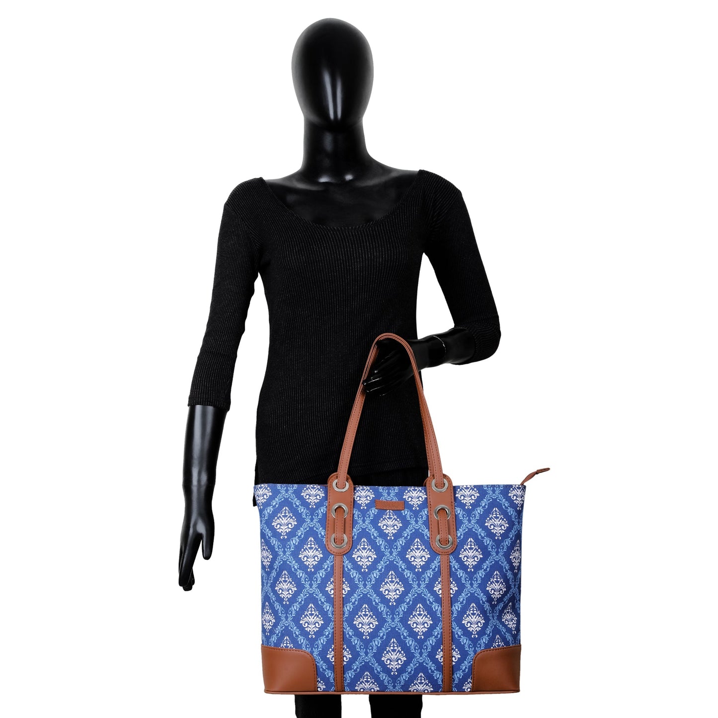 Blue Handcrafted Printed Tote Bag – Elegant Women’s Shoulder Purse with Vegan Trim